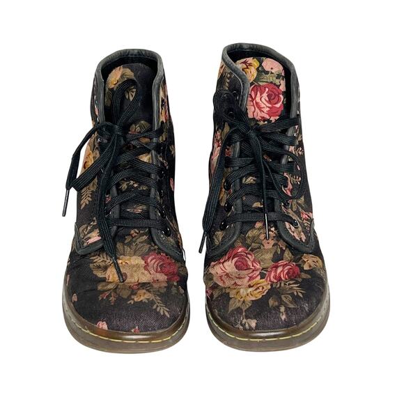 DR MARTENS Shoreditch Floral Mix Canvas Lace Low Boots Black Multi Womens Size 7 - Picture 4 of 10